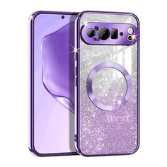 an image of a purple and silver glitter case for the samsung s10 with its camera lens