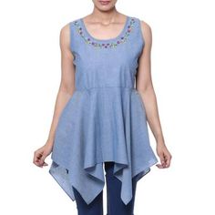 India's Sandip Agarwal creates a blouse to keep you in style for the warmer months. The blue cotton top features a gracefully flared asymmetrical peplum that flatters any figure. Colorful floral embroidery adorns the neckline and the sleeveless pullover will keep you fashionable and cool. Summer Sleeveless Embroidered Cotton Top, Festive Sleeveless Embroidered Top, Casual Sleeveless Top With Embroidered Hem, Blue Embroidered Sleeveless Blouse, Blue Sleeveless Embroidered Blouse, Sleeveless Cotton Blouse With Floral Embroidery, Spring Cotton Blouse With Asymmetrical Hem, Fitted Cotton Blouse With Embroidered Hem, Asymmetrical Cotton Blouse For Spring