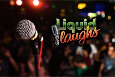 a microphone with the words liquid laughs on it in front of an audience at a karaoke