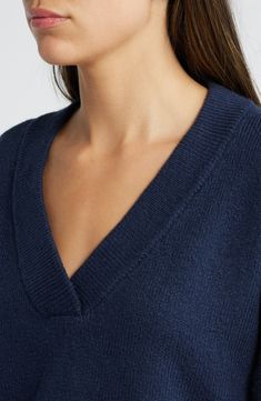 An oversized fit feels so right and relaxed in this V-neck sweater knit from cotton-blend yarn. V-neck Long sleeves Dropped shoulders Ribbed cuffs and hem 56% cotton, 19% acrylic, 18% polyester, 5% nylon, 2% spandex Hand wash, dry flat Imported Winter Relaxed Fit V-neck Sweater, Oversized V-neck Sweater For Work, Classic Oversized V-neck Top, Oversized V-neck Sweater For Layering, Cozy V-neck Sweater With Ribbed Cuffs, Oversized Fine Knit V-neck Sweater For Fall, V-neck Sweater For Loungewear, Oversized V-neck Tops With Ribbed Cuffs, V-neck Cashmere Sweater For Loungewear