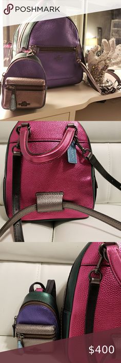 COACH COLOR BLOCKED BACKPACK W/MATCHING MINI NWOT Limited edition w/ refined metallic leather, Inside snap pocket, Outside zip pocket, Top handle with 2" drop, Adjustible strap converts to a crossbody backpack. Dimensions: 7.5"L x 9.25" H x 3.5" W Coach Bags Backpacks Purple Rectangular Backpack For On-the-go, Rectangular Purple Backpack For On-the-go, Designer Coach Bag In Purple, Coach Purple Bags For On-the-go, Crossbody Backpack, Llbean Backpack, Pocket Top, Metallic Leather, Bags Backpacks