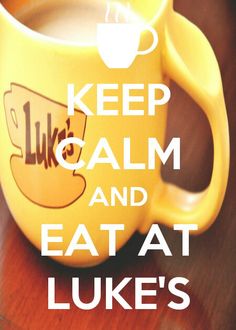 a yellow coffee mug with the words keep calm and eat at luke's