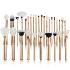 Jessup 30pcs professional makeup brush set contains: fan brush, flat brush, foundation brush, powder brush, blending brush, eyeshadow brush, eyeliner brush, eyebrow brush, lip brush, concealer brush, blush brush, round brush, tapered brush, angled brush, contour brush, define brush etc. It is a complete cosmetic brush set for whole face makeup. Jessup Brushes, Rose Gold Makeup Brushes, Makeup Brushes Guide, Blusher Brush, It Cosmetics Foundation, Makeup Brush Set Professional, Vegan Cosmetics, Eye Makeup Brushes, Gold Makeup