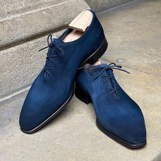 Handmade Blue Suede Leather Whole Cut Dress Shoes sold by Crafted Leather on Storenvy Fitted Blue Oxfords For Business, Blue Business Oxfords, Blue Fitted Dress Shoes For Semi-formal Occasions, Fitted Blue Oxfords With Brogue Detailing, Navy Elegant Oxfords For Business, Elegant Navy Oxfords For Business, Blue Leather Work Shoes, Classic Blue Closed Toe Dress Shoes, Blue Formal Oxfords Closed Toe