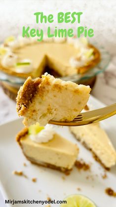 a slice of key lime pie on a fork with the rest of the pie in the background