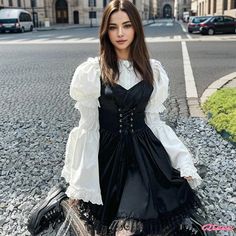 Qteee - Elegant Two-Piece Set: Ruffled Shirt with Lace-Up Slip Dress Puff Sleeve Mini Dress With Ruffles For Costume Party, Fall Costume Party Mini Dress With Ruffles, Shirt Black Dress, Ruffled Shirt, Ruffle Shirt, Two Piece Sets, White Shirt, Slip Dress, Color White