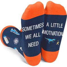 PRICES MAY VARY. 80% Cotton / 15% Polyamide / 5% Elastane Pull On closure Machine Wash FUNNY RUNNING SOCKS: These dark blue running socks feature running shoes, water bottles, watches, and headphones. They also have "SOMETIMES WE ALL NEED A LITTLE MOTIVATION" featured on the sole. SIZE & PACKAGE: Our unisex design fits most men's US size 6-13 feet and most women's US size 7 and up. Each pair of funny socks comes in a plastic zippered bag. QUALITY MATERIAL: Our novelty socks are made of 80% cotton, 15% polyamide and 5% elastane to ensure they are soft, comfortable, stretchy and breathable. They won't fade and are machine washable. GIFTS FOR RUNNERS: Running socks make great gifts for runners, whether they are cross country runners, marathon runners, or simply enjoy running as a hobby. Breathable Casual Hiking Socks, Funny Blue Socks For Gift, Non-slip Casual Sports Socks, Casual Non-slip Socks For Sports Events, Casual Sweat-resistant Running Socks, Comfortable Sports Socks With Letter Print, Casual Blue Socks For Outdoor, Casual Blue Running Socks, Casual Blue Outdoor Socks