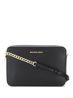 Black leather Jet Set shoulder bag from Michael Michael Kors featuring a chain and leather strap, a top zip closure, an internal slip pocket and a gold-tone logo plaque. Pinterest Shop, Michael Kors Bag Black, Michael Kors Outlet, Hand Painted Shoes, Kpop Group, Bags Aesthetic, Shoulder Bag Black, Christmas 2023, Crossbody Tote