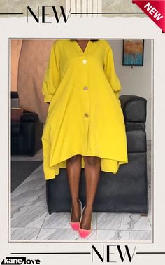 Casual Daily Elegant Solid Plain Buckle Solid Color V Neck The Midi Dress Dresses Yellow Solid Color V-neck Midi Dress, Yellow Shift Dress, Knee-length, Yellow Long Sleeve Dress With Buttons, Yellow Buttoned Maxi Dress For Spring, Spring Yellow Maxi Dress With Buttons, Elegant Yellow Dresses With Buttons, Yellow Buttoned Knee-length Dress, Yellow Knee-length Buttoned Dress, Wholesale Fashion