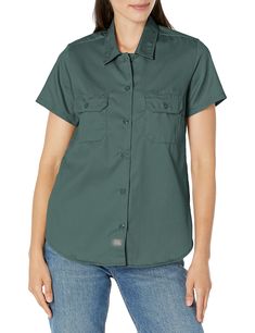 PRICES MAY VARY. Original fit Button front Front darts for feminine fit Back yoke for ease of movement Dual front patch pockets with button closure; Easy care stain release Moisture wicking; Dickies logo at center placket; 5.25 oz. Twill, 65% Recycled Polyester/35% Cotton Workwear Tops With Functional Buttons And Short Sleeves, Classic Green Collared Short Sleeve Shirt, Green Collared Short Sleeve Shirt With Buttons, Green Collared Camp Shirt With Button Closure, Fitted Green Button-up Short Sleeve Shirt, Cheap Button-up Short Sleeve Shirt With Pockets, Dickies Women, Fit Back, Safety Clothing