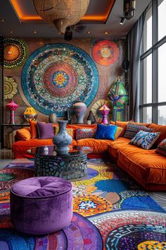 a living room filled with lots of colorful furniture