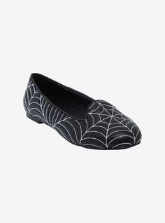 Crafted from black faux leather  these flats boast a luminous white spiderweb embroidery and is backed by a sleek lining and sturdy rubber outsole  making it both fashionable and functional. Plus  they glow in the dark!Listed in women's sizes.Polyurethane upper; rubber soleGlows in the darkImported Spiderweb Fashion, Spiderweb Embroidery, Daycare Attendant, Skull Shoes, Dark Feminine, Big Bang, Spider Web, Black Faux Leather, Hot Topic