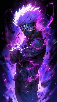 an anime character with purple hair and lightnings in the background, looking like he is holding