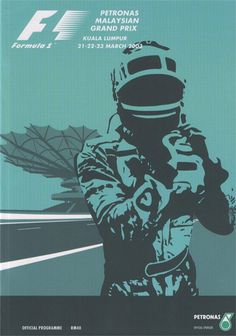 a poster for the official formula grand prix in malaysia, featuring a man with a helmet and goggles