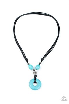 A refreshing turquoise stone disc is knotted in place at the bottom of shiny black cording decorated in matching turquoise stone and ornate silver beads, creating an earthy display below the collar. Features an adjustable sliding knot closure. Sold as one individual necklace. P2UR-BLXX-046XX Adjustable Sliding Knot, Paparazzi Accessories Jewelry, Sliding Knot Closure, Urban Jewelry, Unisex Necklace, Sliding Knot, Paparazzi Accessories, Blue Jewelry, Men's Necklace