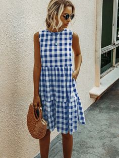 Plaid Summer Dress, Cake Skirt, Casual Sundress, Dress Cake, Clothing Details, Style Fall, Blue Outfit, Mini Shirt Dress, Loose Dress