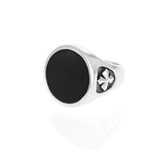 Product shot of Round Onyx Signet Ring w/ MB Cross Detail Timeless Black Signet Ring With Gemstone, Spiritual Black Onyx Rings, Adjustable Black Symbolic Signet Ring, Black Spiritual Round Rings, Symbolic Black Oval Jewelry, Black Symbolic Signet Ring With Polished Finish, Symbolic Black Round Signet Ring, Black Symbolic Signet Ring, Black Onyx Signet Ring