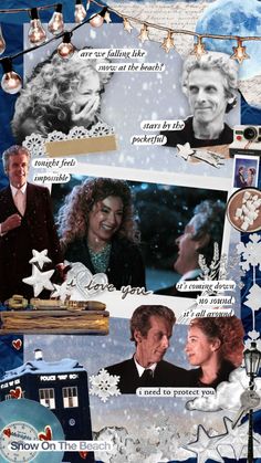 the collage has pictures of people and snowflakes on it, including an image of doctor who is talking to someone