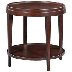 a round wooden table with two shelves on each side and one shelf below the top