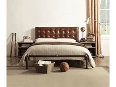 Brancaster Vintage Brown Top Grain Leather Queen Bed - Ornate Home Leather Bedroom, Casual Bedroom, Tufted Upholstered Headboard, Modern Platform Bed, Head Board, Leather Headboard, Queen Platform Bed, Classical Design, Leather Bed