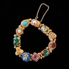 Vintage 14K Gold Enamel Gemstone Slide Bracelet FROG PANSY LADYBUG CROWN BEE #Chain Slide Jewelry, Victorian Modern, Vintage Charm Bracelet, Cookie Cups, Semi Precious Gems