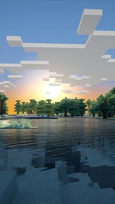 the sun is setting over an island in minecraft, with trees and bushes on either side