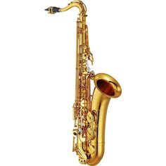 a golden saxophone is shown against a white background