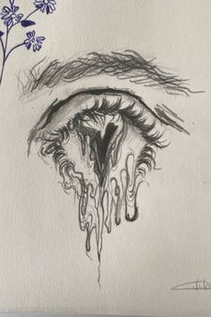 a drawing of an eye with tear coming out of it's irise and blue flowers in the background