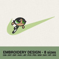 the embroidery design is designed to look like a cartoon character with green eyes and black hair