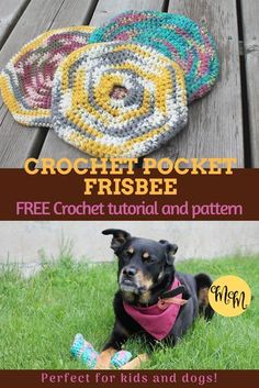 a dog laying on the ground next to a crochet pot holder and a free crochet pattern