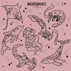 an image of some sea animals in black and white on a pink background with the words backtobasics