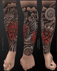 an arm and leg tattoo design with red ink