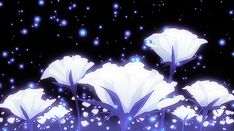 some white flowers are in the middle of a night time scene with stars and sparkles