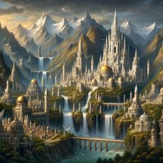 an artistic painting of a fantasy city surrounded by mountains and waterfalls, with a waterfall running through the center