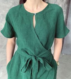 Linen Dresses Summer Chic Short, Green Linen Wrap Dress, Linen Dress With Pockets, Wrap Dresses Summer, Linen Tunics For Women, Linen Dress Pattern, Linen Dresses For Women, Dress With Kimono, Loose Kimono