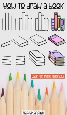 how to draw a book with colored pencils in front of it and an image of books