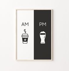 a black and white poster with the words am pm next to a glass of wine