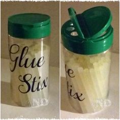 two pictures of a glass jar with some straws in it and the words glue stix