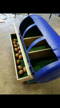 an open box filled with eggs sitting on top of a floor