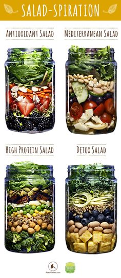 four jars filled with different types of salads and vegetables in each jar are labeled