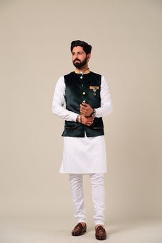 Important Instrucitons : We request you to kindly calculate the processing time of your order after the mutual confirmation on Bespoke measurements between us has taken place (either via message , e mail or form) Men can wear Half-Jackets and style them in many different ways. Want to look traditional? Great! Wear a Half Jodhpuri Jacket with your Mens Kurta and Pajama. Want to wear it to a party? Try Half Jodhpuri Jacket with Trousers. If you are all about comfort this summer, then these Half Ja White Nehru Jacket With Stand Collar For Festive Occasions, White Festive Nehru Jacket With Stand Collar, Festive White Nehru Jacket With Stand Collar, Green Nehru Jacket For Wedding Diwali, Festive Traditional Wear With Stand Collar For Wedding, Green Bandhgala For Winter Wedding, Festive Traditional Wedding Wear With Stand Collar, White Outerwear For Eid Wedding, White Outerwear For Wedding And Eid