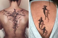 the back of a woman's neck with dolphins on it