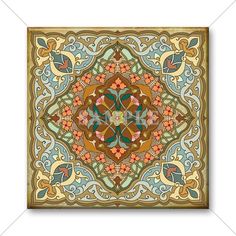 an ornate ornamental design in brown, blue and green colors on a white wallpaper