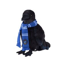 a stuffed black bird wearing a blue scarf