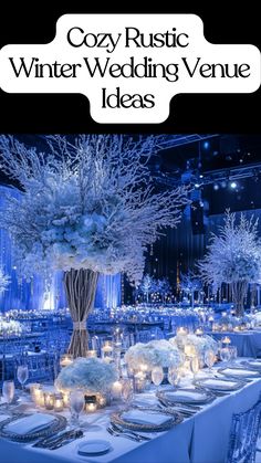 Rustic winter wedding venue with a snowy backdrop, fairy lights, and cozy wooden accents for a romantic celebration Winter Wonderland Ceremony, Winter Wonderland Wedding Ceremony, Winter In Wonderland Wedding, Enchanted Winter Forest Wedding, Texas Winter Wedding, Unique Winter Wedding Ideas, Winter Wedding Venue Ideas, Rustic Winter Wedding Colors, Winter Blue Wedding