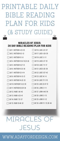 the printable daily bible reading plan for kids and study guide on a white background