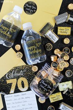 black and gold birthday party decorations with confetti, water bottle labels and envelopes