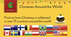 the christmas around the world poster is shown with flags and decorations on it, along with an image of a coffee cup