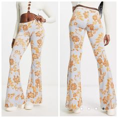 Nwt Free People Floral Bell-Bottoms Floral Print High Rise Elasticized Waistband Flared Skinny Fit New With Tags Size M B70 Printed Wide Leg Orange Bottoms, Orange Printed Wide Leg Bottoms, Printed Fitted Bottoms For Loungewear, Fitted Printed Loungewear Bottoms, Floral Flare Pants, Tube Romper, Free People Leggings, Chiffon Pants, Free People Romper