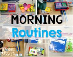 a collage of pictures with the words morning routine written in blue and green on it